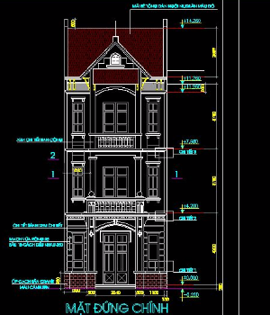 Bản vẽ cad kiến trúc nhà phố cổ điển mái ngói 6x24m 