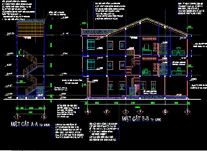 File cad Thiết kế Nhà dân 3 tầng mái ngói 5mX18m