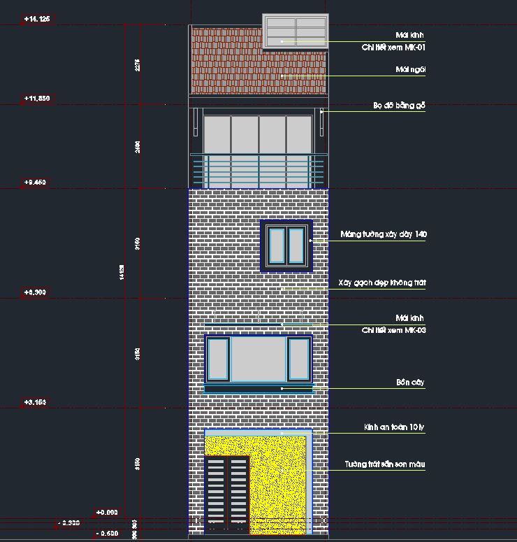 Nhà phố lệch 4 tầng 4x14m,bản vẽ nhà phố 4 tầng,nhà phố 4 tầng 1 tum,cad nhà phố 4 tầng
