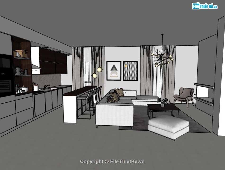 sketchup phòng khách,phòng bếp sketchup,model phòng khách bếp su,phối cảnh phòng khách sketchup