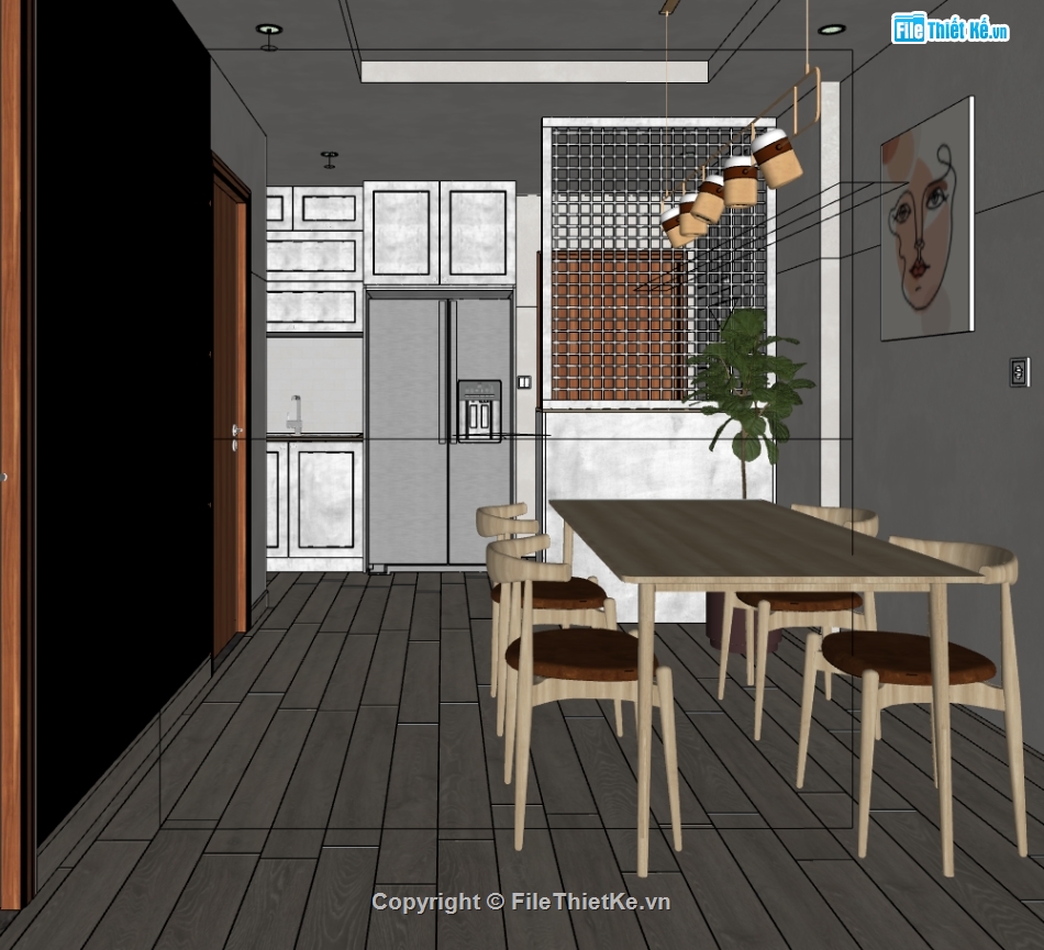 sketchup nội thất khách bếp,sketchup nội thất chung cư,sketchup nội thất hiện đại,thiết kế nội thất đẹp