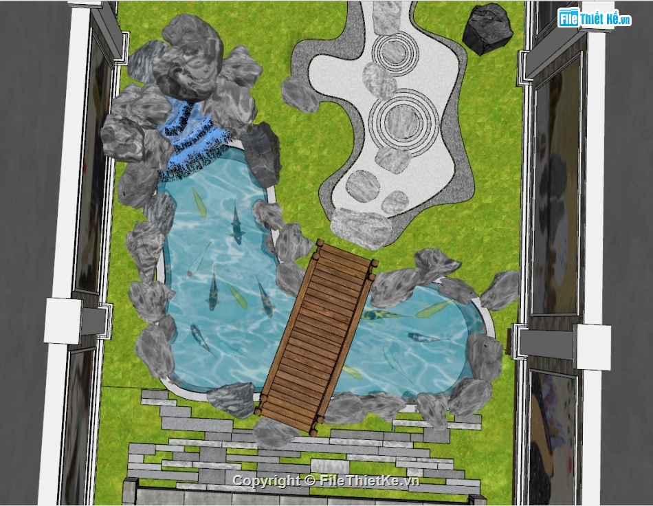 Model 3D Tiểu cảnh,3D hồ cá koi,3D sân vườn,3D cảnh quan,model su tiểu cảnh sân vườn