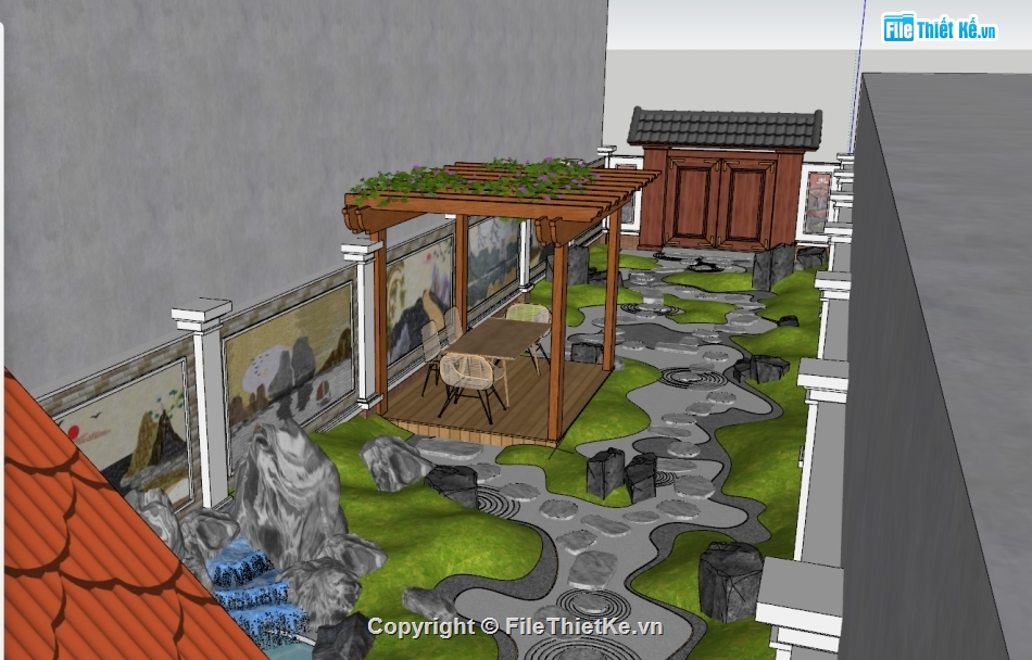 Model 3D Tiểu cảnh,3D hồ cá koi,3D sân vườn,3D cảnh quan,model su tiểu cảnh sân vườn