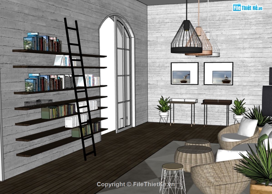 thiết kế nội thất sketchup,sketchup nội thất phòng đọc sách,3d su phòng sách