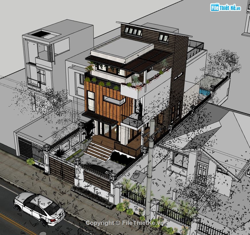 nhà phố 3 tầng 6.1x14.8m,file sketchup nhà phố 3 tầng,nhà phố dựng trên sketchup,model su nhà phố 3 tầng