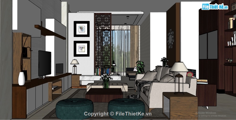 sketchup phòng khách,thiết kế phòng khách model su,sketchup phòng khách hiện đại