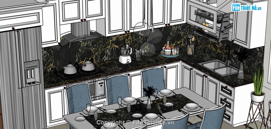 nội thất khách bếp sketchup,phòng khách bếp model su,phòng khách sang trọng,thiết kế nội thất phòng bếp