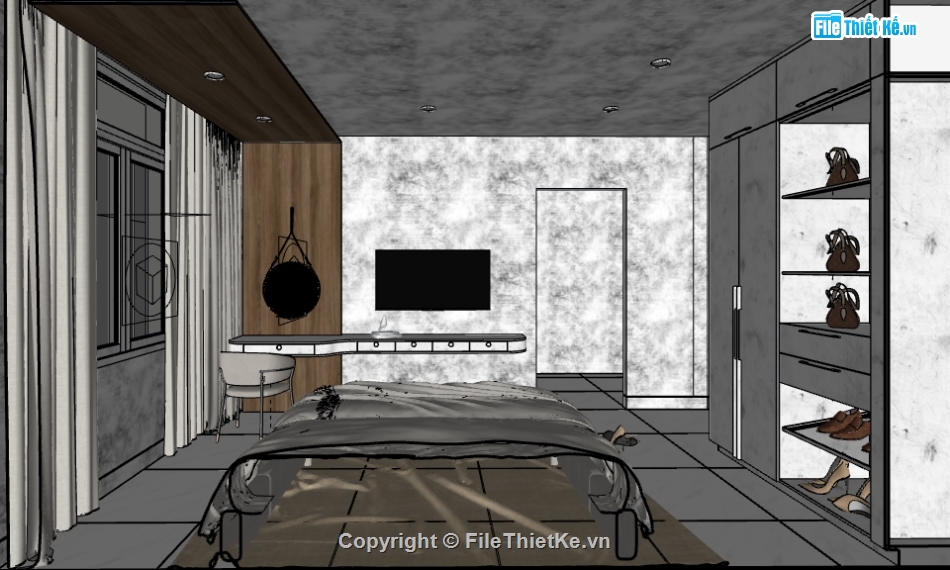 file sketchup phòng ngủ căn hộ,thiết kế phòng ngủ sketchup,sketchup nội thất phòng ngủ,dựng 3d phòng ngủ