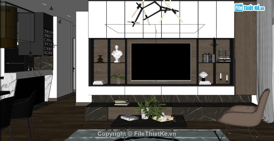 mẫu thiết kế nội thất khách bếp,dựng nội thất phòng khách bếp trên Su,sketchup nội thất phòng khách bếp