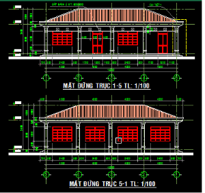 Bản vẽ cad Dãy 02 phòng học đầy đủ mặt bằng, mặt cắt, mặt đứng, chi tiết