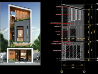Bản vẽ CAD kiến trúc sơ bộ mẫu nhà phố 3 tầng 5x14m (mặt bằng, mặt đứng, mặt cắt)