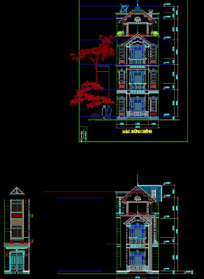 Bản vẽ nhà mặt phố 4 tầng kích thước 6x16.7m ( mặt đứng, mặt cắt)