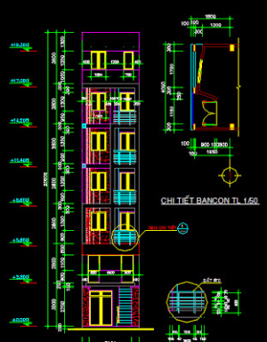 Bản vẽ nhà phố rộng 3-4m, cao 7 tầng 