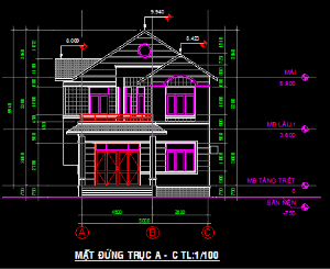 File cad kiến trúc Biệt thự 2 tầng chiều rộng 8m