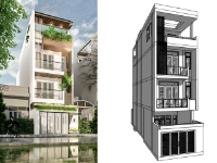 File Revit Nhà phố 3 tầng hiện đại kích thước 4.9x13.5m có hồ bơi