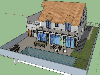 File sketchup nhà nghỉ dưỡng 2 tầng có bể bơi kích thước 17.5x26m