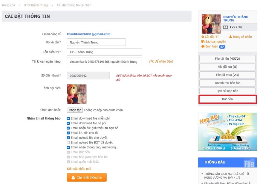 Hướng dẫn RÚT TIỀN từ tài khoản Rút tiền, yêu cầu rút tiền,rút tiền về tài khoản, rút tiền mặt, rút tiền ngân lượng