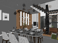 Mẫu sketchup nội thất khách bếp nhà phố hiện đại