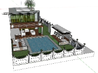 Mẫu sketchup villa 2 tầng bể bơi hiện đại