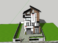 Model 3D sketchup Biệt thự 3 tầng mái lệch 11.7x17m