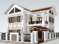 Model sketchup 2019 nhà biệt thự mái thái 2 tầng kích thước 9.72x11.98m