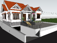 Model sketchup biệt thự 1 tầng 12.1x14.5m có tầng hầm