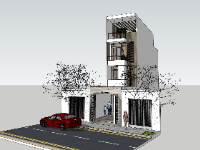 Model sketchup mẫu thiết kế nhà phố 3 tầng 1 tum 4x20m