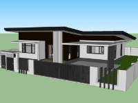 Model sketchup nhà mái bằng 1 tầng hiện đại 16x17.4m