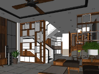 Model sketchup nội thất 1 tầng khách bếp căn hộ bình dân