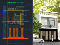 Nhà phố 2 tầng gồm file Cad Kiến trúc + kết cấu và phối cảnh mặt tiền