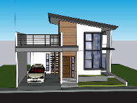 Nhà phố 2 tầng mái chéo 9.7x13m file sketchup