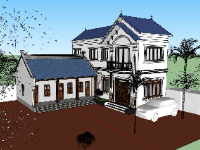 Sketchup mẫu biệt thự 2 tầng kết hợp nhà cấp 4 đẹp