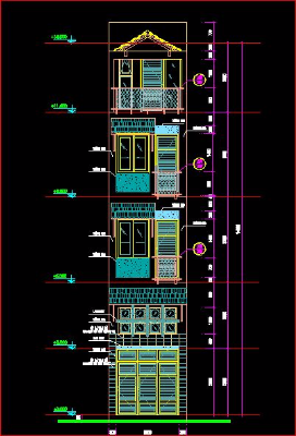 Thiết kế nhà phố 4 tầng 1 tum (gồm mặt đứng., mặt bằng, mặt cắt)