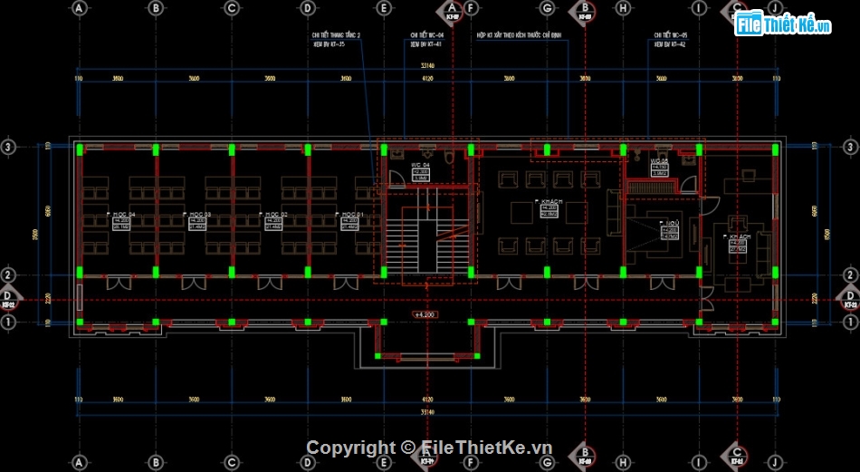 nhà văn phòng 4 tầng,Nhà văn phòng 4 tầng 33x8.5m,Bản vẽ nhà văn phòng 4 tầng,Autocad nhà văn phòng,File cad nhà văn phòng