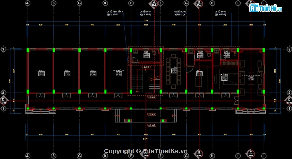 nhà văn phòng 4 tầng,Nhà văn phòng 4 tầng 33x8.5m,Bản vẽ nhà văn phòng 4 tầng,Autocad nhà văn phòng,File cad nhà văn phòng