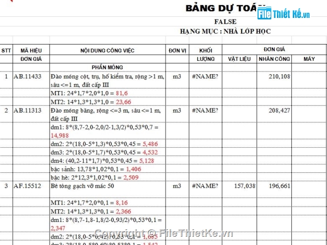 dự toán trường học,bảng thuyết minh trường học,bảng tính dự toán