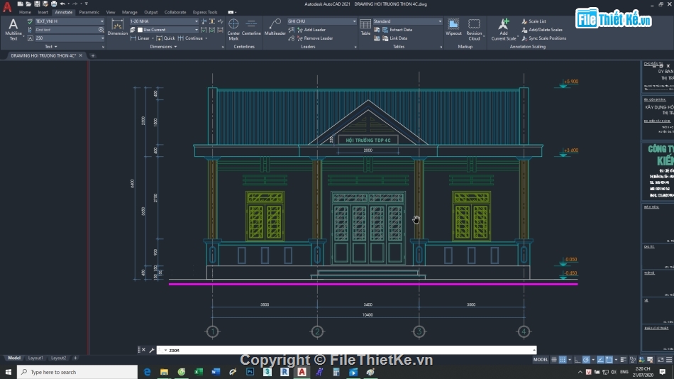 nhà văn hóa 7x10.4m,hội trường nhà văn hóa thôn,nhà văn hóa thôn,file cad nhà văn hóa,bản vẽ nhà văn hóa