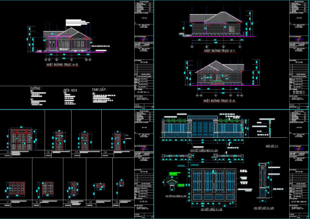 Bản Vẽ Autocad Kiến Trúc Biệt Thự 1 Tầng 11X13M Cổng Tường Rào