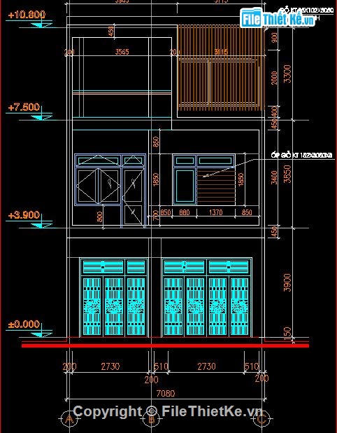 bản vẽ 3 tầng,nhà phố 3 tầng,nhà kích thước 7 x 12m