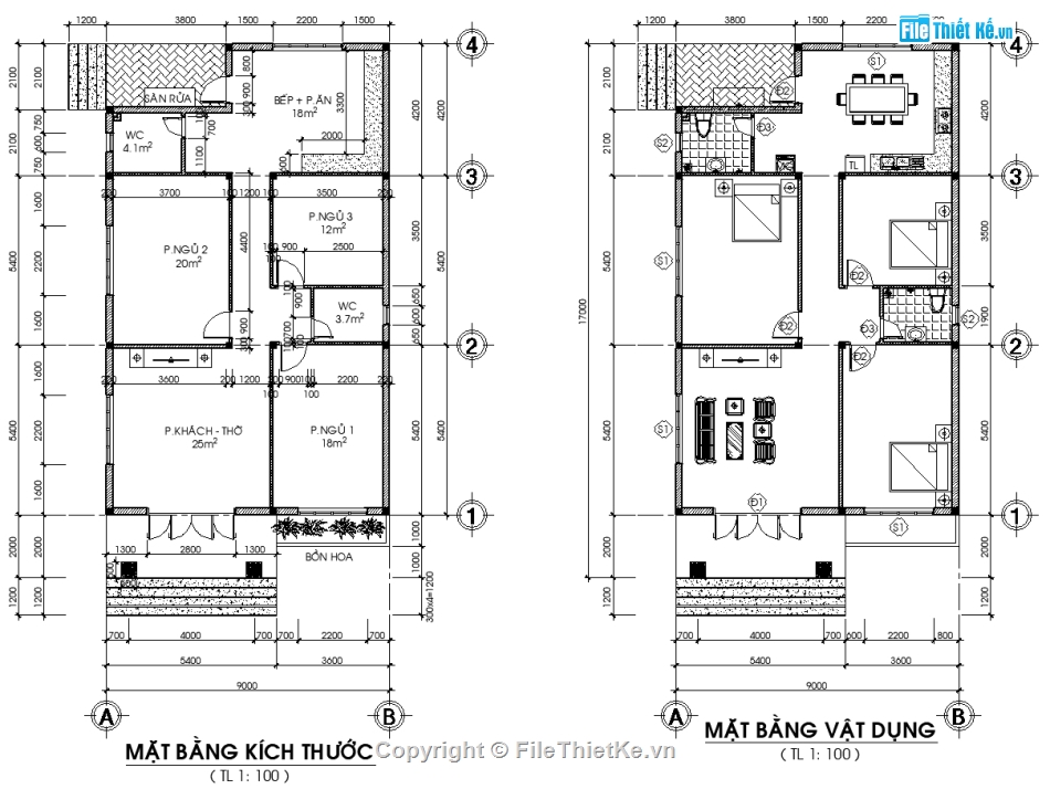 Bản vẽ autocad nhà cấp 4 kích thước 9x17m mái thái