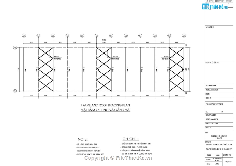 Nhà kho khung kèo 12m,Nhà kho 12x44m,Bản vẽ thiết kế kho chứa khung thép,Kết cấu vì kèo tam giác,File autocad nhà kho kết cấu thép,Nhà để xe 12x44m