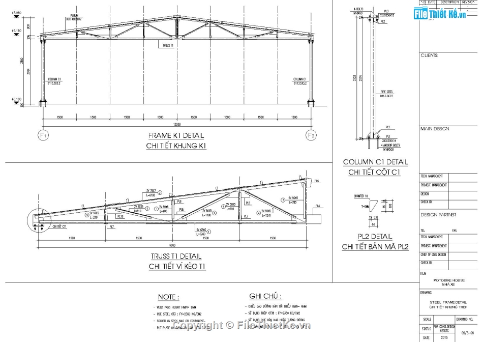 Nhà kho khung kèo 12m,Nhà kho 12x44m,Bản vẽ thiết kế kho chứa khung thép,Kết cấu vì kèo tam giác,File autocad nhà kho kết cấu thép,Nhà để xe 12x44m