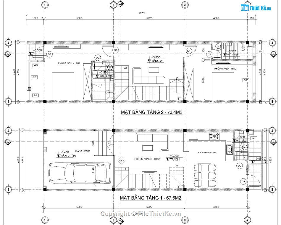 Bản vẽ Autocad Nhà Phố 3 tầng 4.5x15m ( Diện tích đất 4.5x16.7m )
