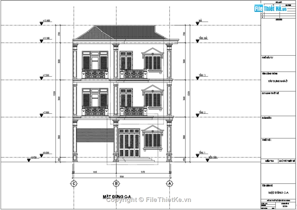 Nhà phố 3 tầng mái thái,bản vẽ nhà phố 9.5x16m,file cad biệt thự phố,nhà phố 3 tầng file cad,autocad nhà phố 3 tầng