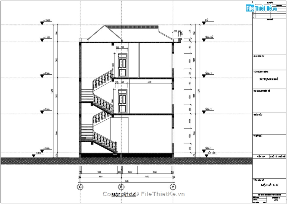 Nhà phố 3 tầng mái thái,bản vẽ nhà phố 9.5x16m,file cad biệt thự phố,nhà phố 3 tầng file cad,autocad nhà phố 3 tầng