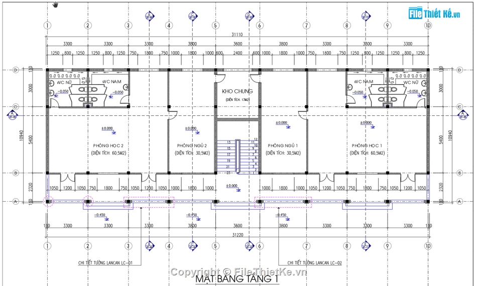 Trường mầm non 2 tầng,bản vẽ trường mầm non,trường mầm non 11x31m,file cad trường mầm non,trường mầm non file autocad