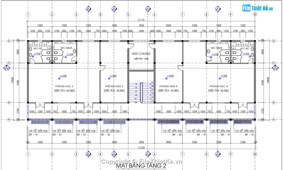 Trường mầm non 2 tầng,bản vẽ trường mầm non,trường mầm non 11x31m,file cad trường mầm non,trường mầm non file autocad