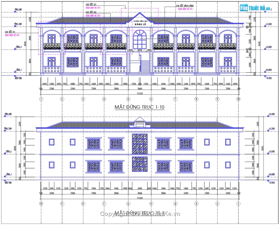 Trường mầm non 2 tầng,bản vẽ trường mầm non,trường mầm non 11x31m,file cad trường mầm non,trường mầm non file autocad