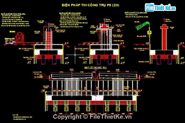 Biện pháp thi công,Bản vẽ thi công,thi công mố cầu,Bản vẽ trình tự kĩ thuật thi công trụ cầu,vòng vây cọc ván thép,hố móng đào trần