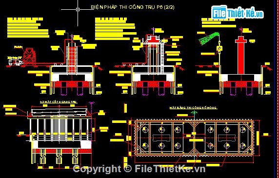 Biện pháp thi công,Bản vẽ thi công,thi công mố cầu,Bản vẽ trình tự kĩ thuật thi công trụ cầu,vòng vây cọc ván thép,hố móng đào trần